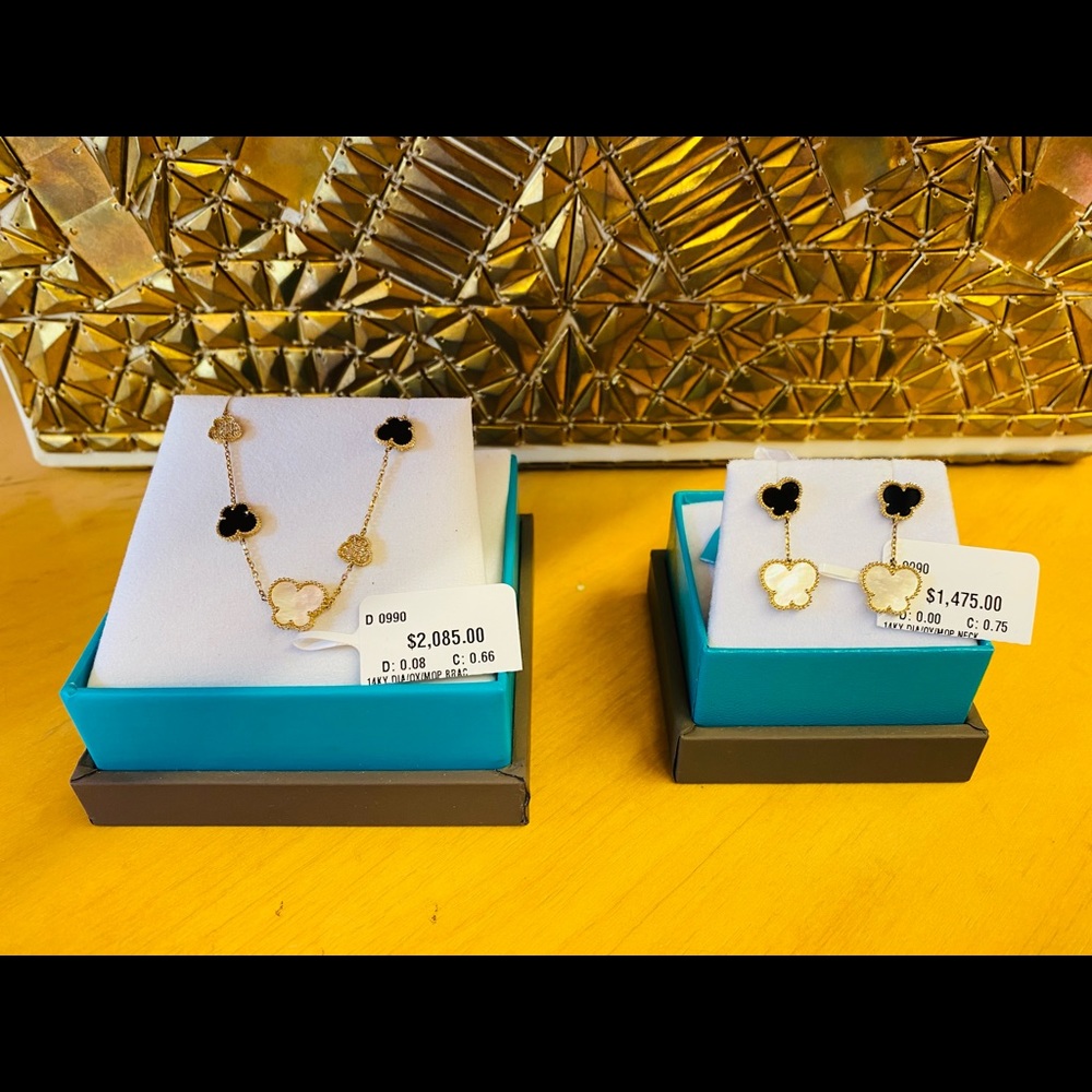14K, Mother of Pearl, Onyx, diamond